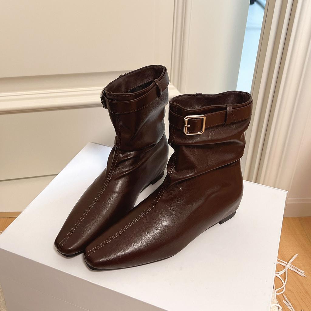 Autumn Winter Woman Thick Heel Ankle Boots Fashion Belt Buckle Pointed Toe Shoes Femmes Pleated Pipe Short Botines De Mujer
