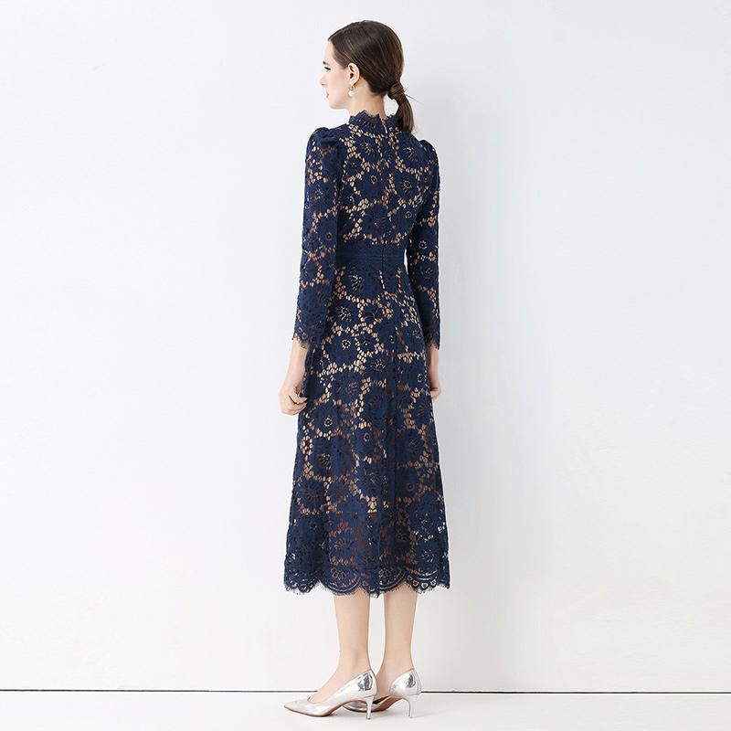 Vestidos Midi de Festa Femininos Vintage de Manga Comprida Vazados em Renda para Primavera Outono