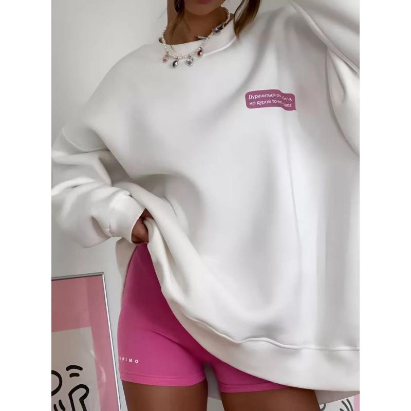 Women's Retro American Style Fleece-Lined Printed Round Neck Hoodie for Autumn and Winter