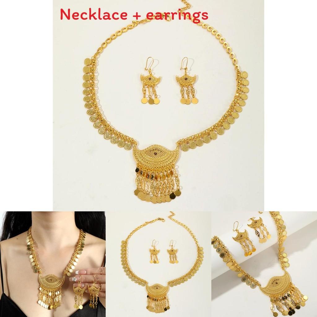 Fashion Gold Alloy Jewelry Set With Hollow Coin Pendant And Dangle Earrings For Women