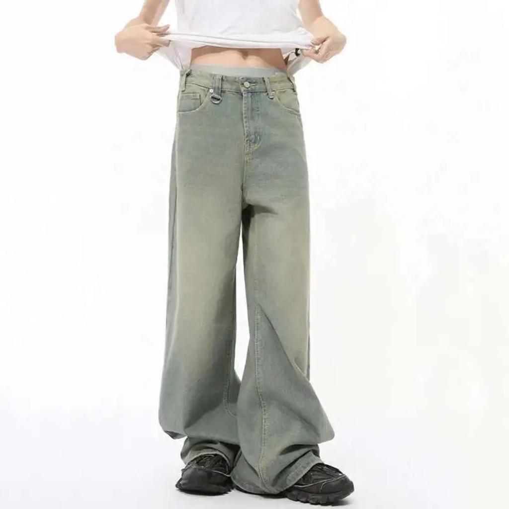 RogueWave Men Denim Pants Straight Droop Vintage Loose Bottom Straight Wide Leg Casual Male Trousers Korean Style