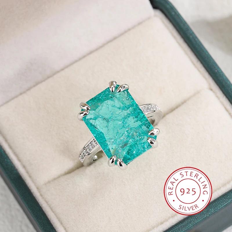 Silver Plated Exquisite Blue Green Moissanite Ring Fire Sparkling Luxury Open Ring Female Party Birthday Jewelry Gift