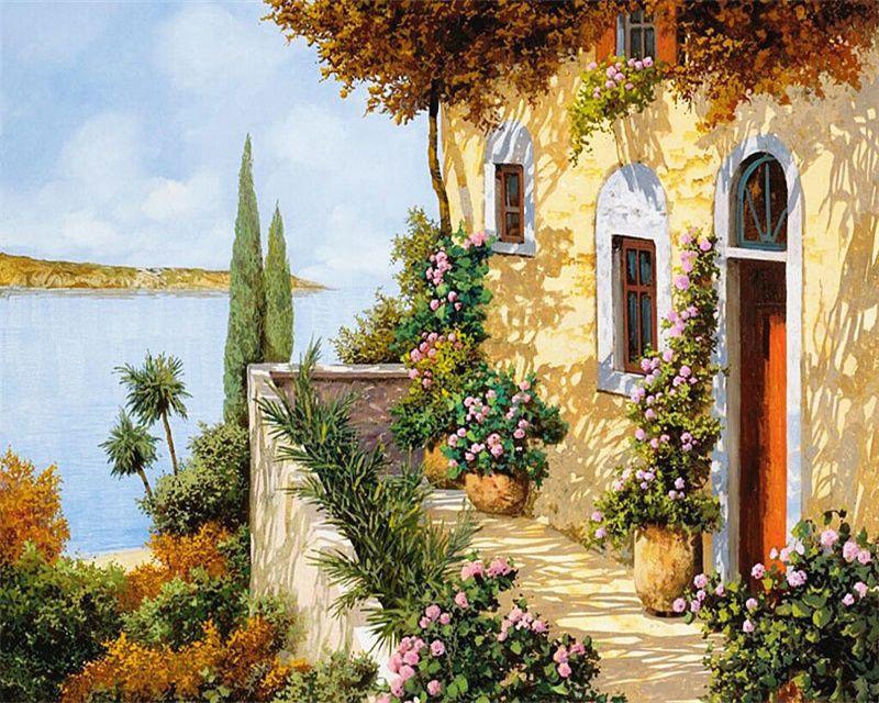 RUOPOTY Barvení podle čísel Městská krajina pro obývací pokoj na plátně Jedinečný dárek akrylový obrázek podle čísel domu