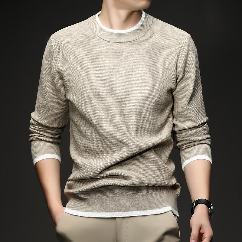 Men's Long Sleeve Round Neck Knit Sweater - Spring & Autumn Style, Fashionable Waffle Knit for Young and Middle-aged Individuals