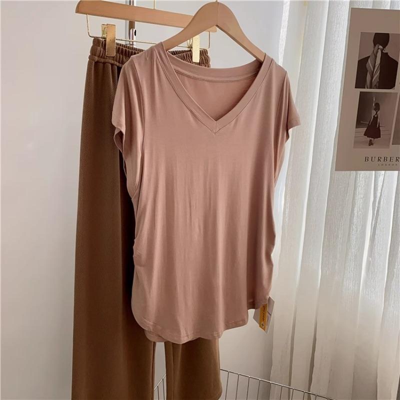 

Новая летняя футболка с коротким рукавом и v-образным вырезом размера плюс, женские свободные летние тонкие элегантные футболки из модала, женские сексуальные однотонные офисные женские футболки для йоги 24288 2XL хаки