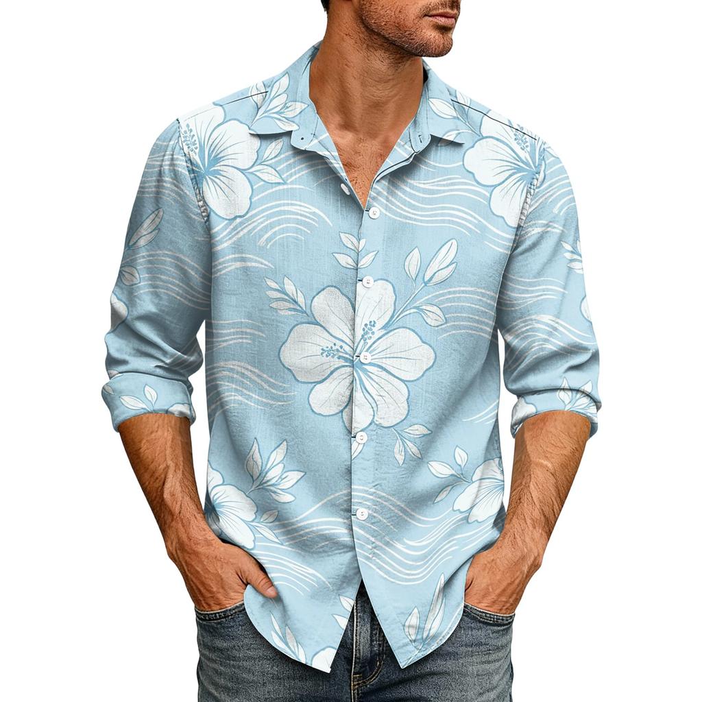 Men's Loose Fit Long Sleeve Shirt Hawaiian Style Retro Casual Button Down Shirt with Spread Collar Suitable for Spring and Autumn Wear