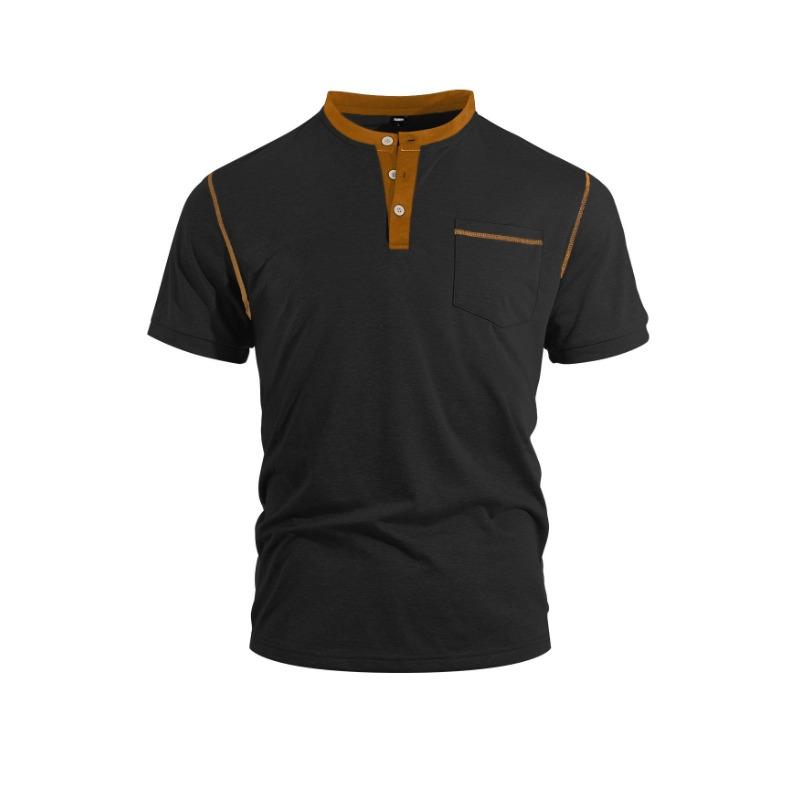 Mens Summer Short Sleeve Henley Polo Shirt With Pocket Casual Top S чёрный