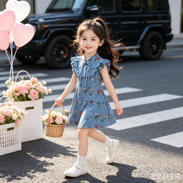Girls  Blue Floral Summer Qipao Dress with Ruffled Flutter Sleeves 120 cm