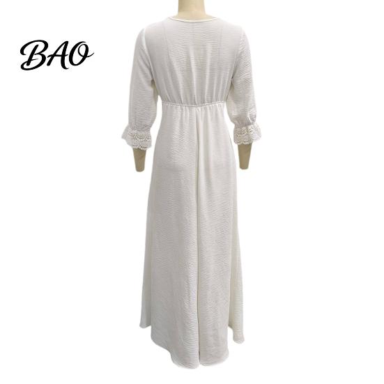 Daily Wear Lace Dress Women V-Neck for Fall, 3/4 Sleeves Maxi with Solid Color Belt, Loose Casual Long Vacation Three Quarter Sleeve