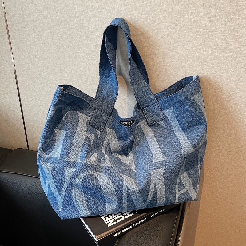 

Idle Style Denim Bag Women Large Capacity Short-Distance Travel Portable Canvas Shopping Bag Shoulder Commuter Tote Big Bag Cowboy Blue