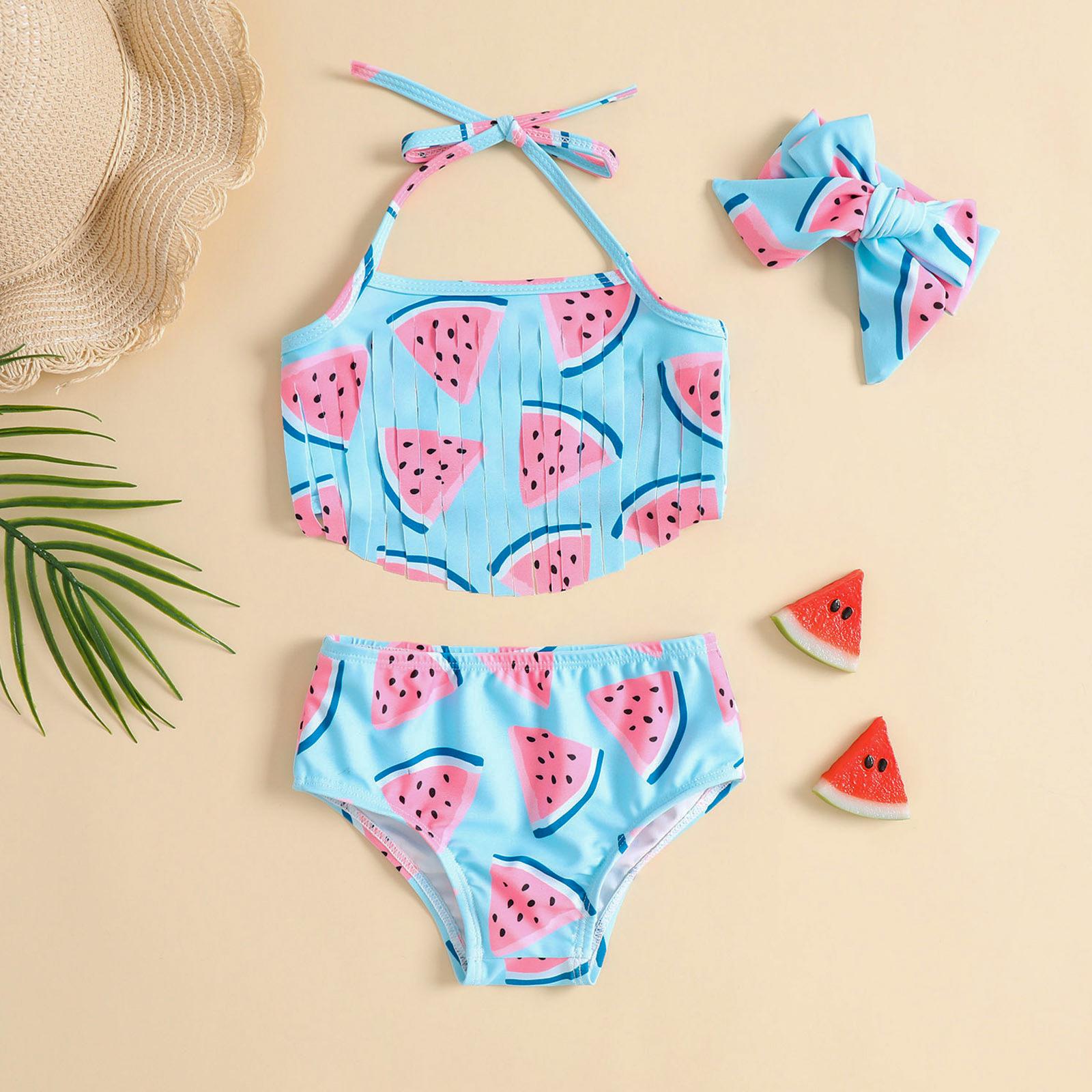 

Adorable Watermelon Print Tiger Tassel Spaghetti Strap Swimsuit Set for Girls with Bow Tie 100 синій