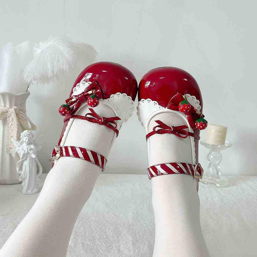 Strawberry Story Original Bow Bell Lolita Shoes Women's Contrast Color Round Head Cute Cute Small Leather Shoes Single Shoes Spot