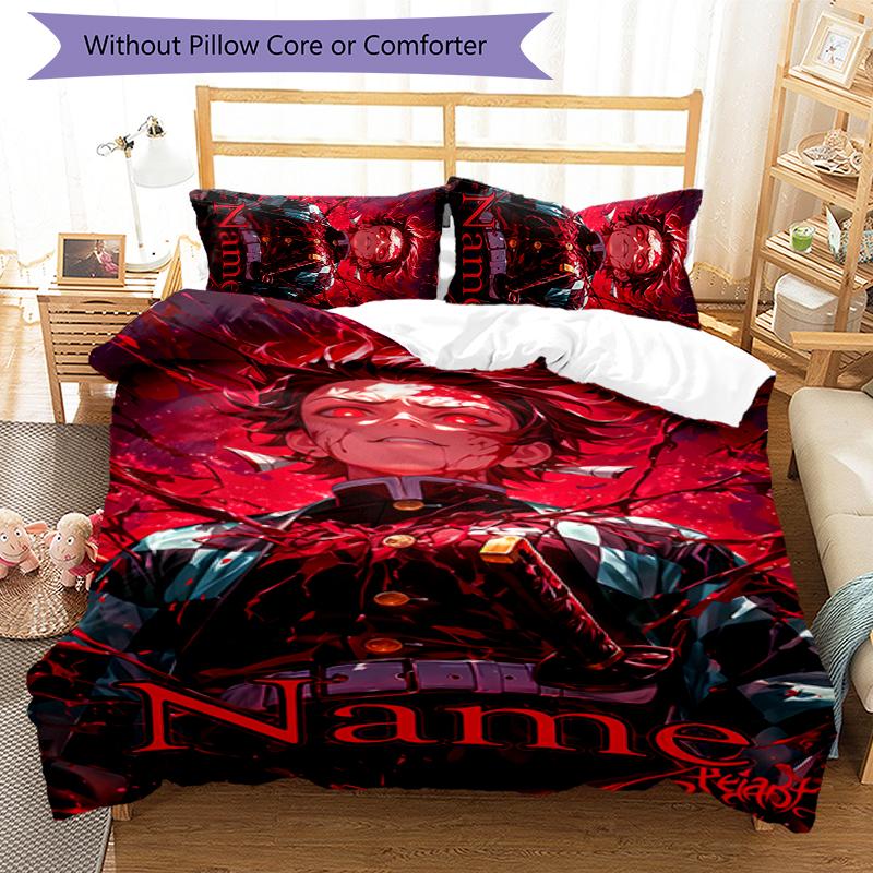 3pcs Custom Name Demon Slayer Tanjiro Bedding Set Duvet Cover Closure Includes 1 Duvet Cover & 2 Pillowcases for All Seasons Bedroom Decor