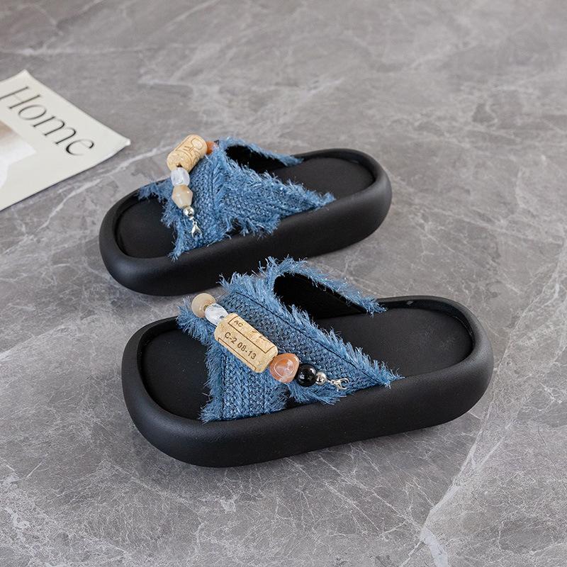 

Thick-bottomed niche fringed cross-strapped slippers for women s summer wear 2025 new holiday-style woven hollow cool slippers 40 синий
