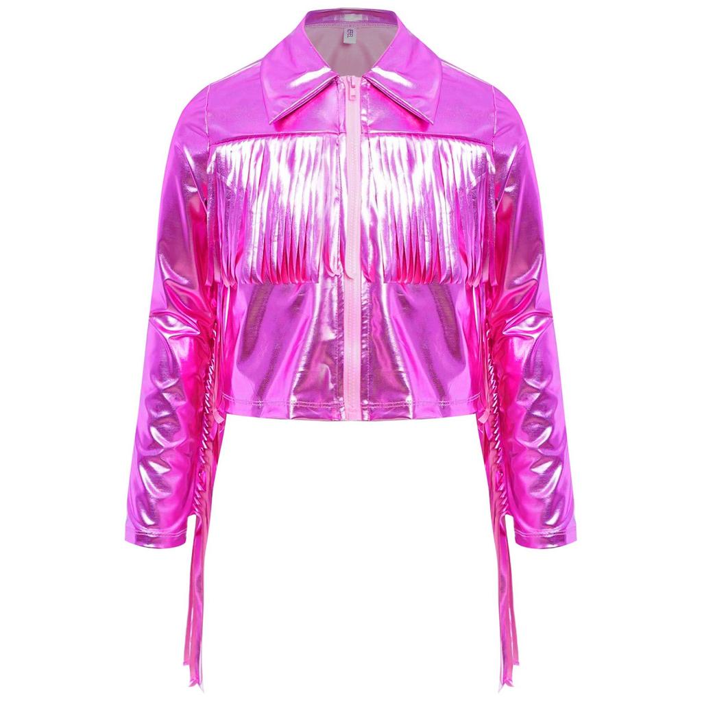 Girls Dance Jacket Metallic Tassel Design Turn Down Collar Long Sleeve Zipper Fringe Party Top