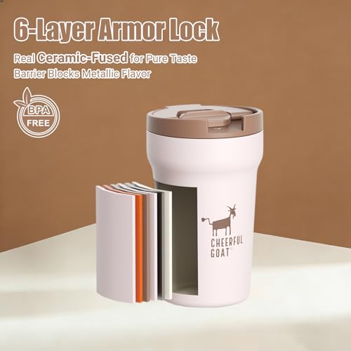 CHEERFUL GOAT Coffee Mug with Ceramic Liner – Stainless Steel Travel Insulated Tumbler with Built-in Ceramic Liner and Lid, 12oz Leakproof Cup – Perfe
