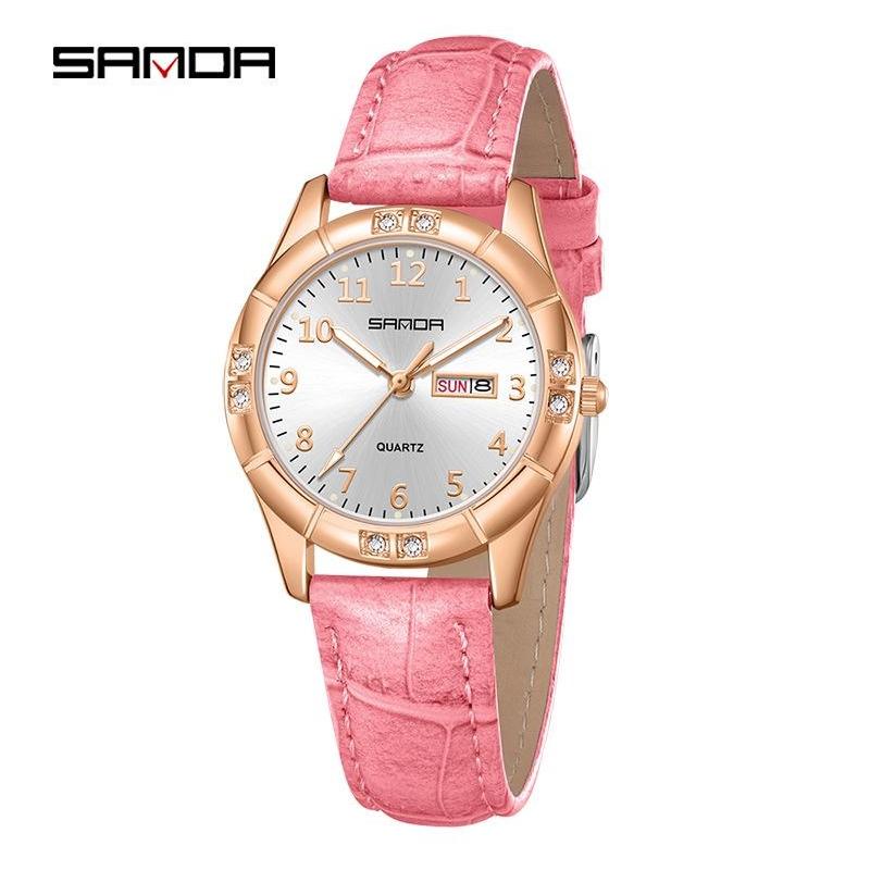 SANDA Womens Watch Original Elegant Simple Quartz Wristwatch Waterproof Luminous Leather Strap Ladies Watches Women's Gift
