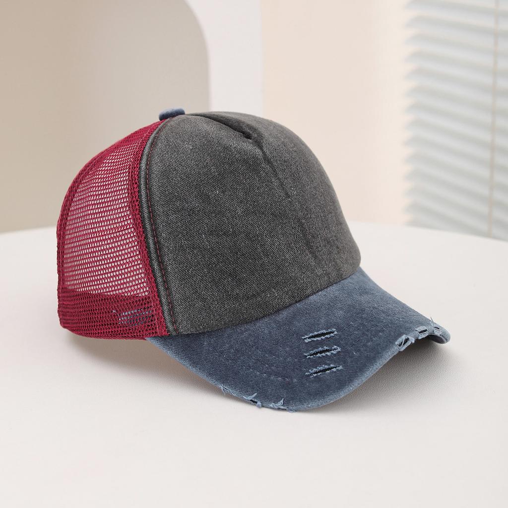 Fashionable Glossy Solid Color Washed Sponge Top Mesh Baseball Cap, Classic Perforated and Fringed Sunshade Baseball Cap
