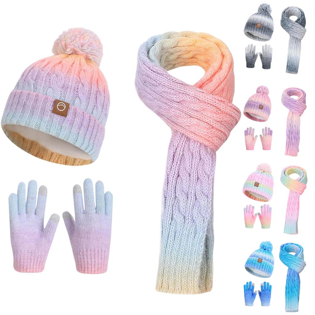 Children's Hat, Scarf And Gloves Three-piece Set: Winter Outdoor Fleece-lined Warm Ear-protecting Pom-pom Pullover Knitted Wool Hat