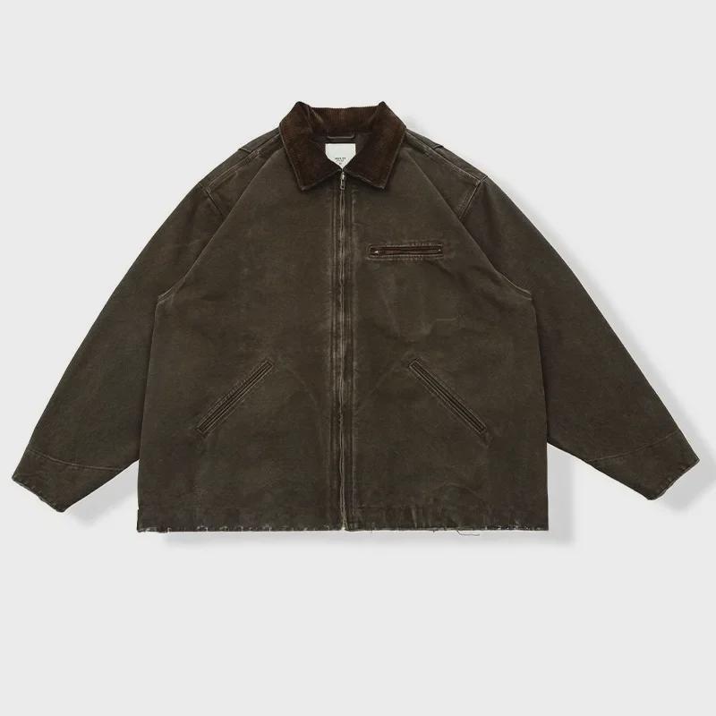 

«Мужская винтажная куртка Detroit Workwear — выстиранные и потертые лацканы, свободный бейсбольный стиль, весна и осень» L кофейный