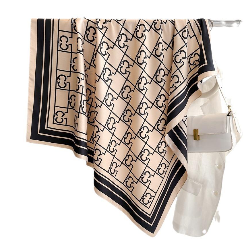 Xiaoxiangfeng Double C Letter Printed Silk Scarf 91cm Twill Silk Scarf Simple Large Square Scarf New Sunscreen Shawl Headscarf