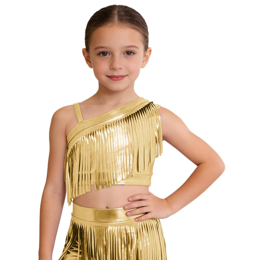 Mädchen Jazz Dance Crop Top Asymmetrische Schulter Metallische Quasten Tanzbekleidung