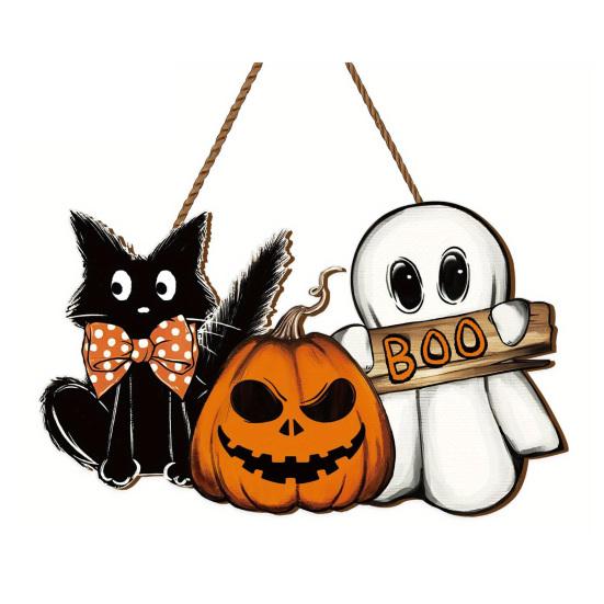 Wooden Hanging Signs Halloween Welcome Door Sign, Vintage Black Cat Jack-o-lantern Ghost Farmhouse Style Festive Ornaments Decoration, Horror Hangings
