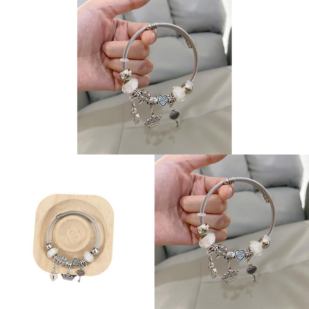 No Ip Stainless Steel Heart Crown Bracelet With Fluorescent Beads For Girls And Teens