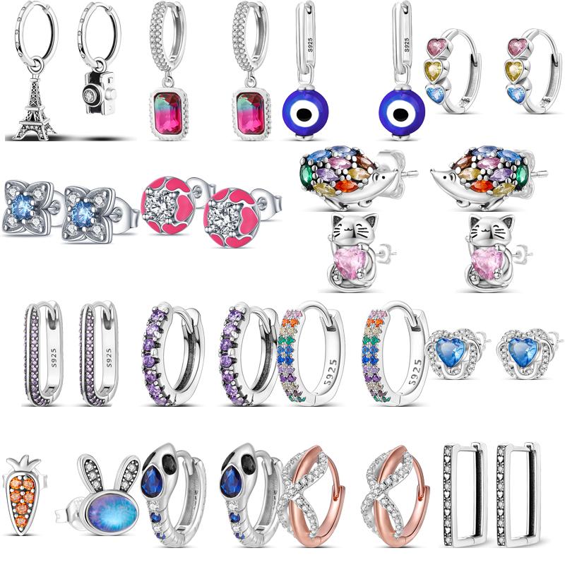 

Новые серьги из стерлингового серебра 925 пробы с цветным цирконом Lucky Cat Hedgehog Rabbit Morrot Infinite Eternal Love, ювелирные украшения на годовщину CHINA