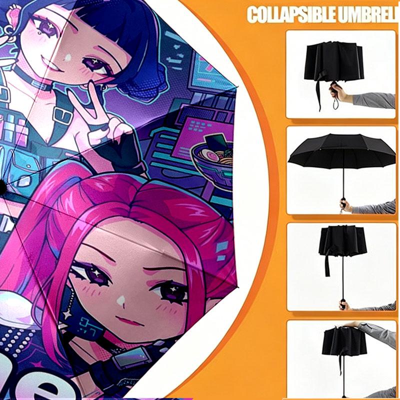 Custom Name Personalized Demon Hunters Kpop Print Umbrella, Auto Open Close, 8‑Rib Sturdy Frame, Commute Camping Hiking Use, Birthday Gift