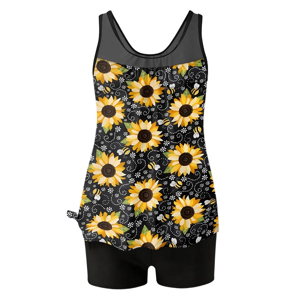Women’s Sleeveless Tankini Top and Shorts Set with Tree Print for Casual Swimwear Beach Pool