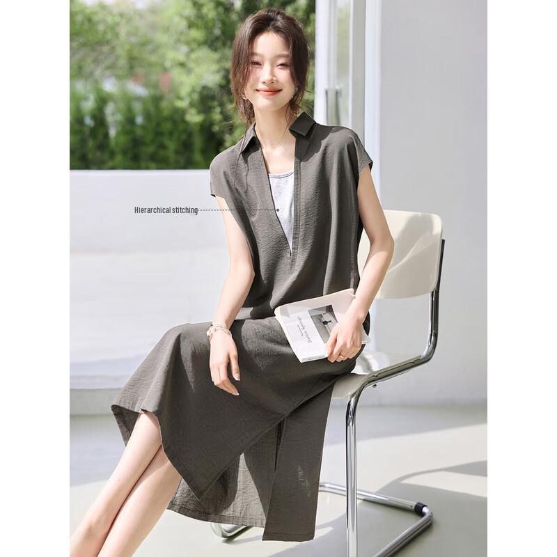 Old Money Style Deep V Sleeveless Vest Midi Dress M янтарь
