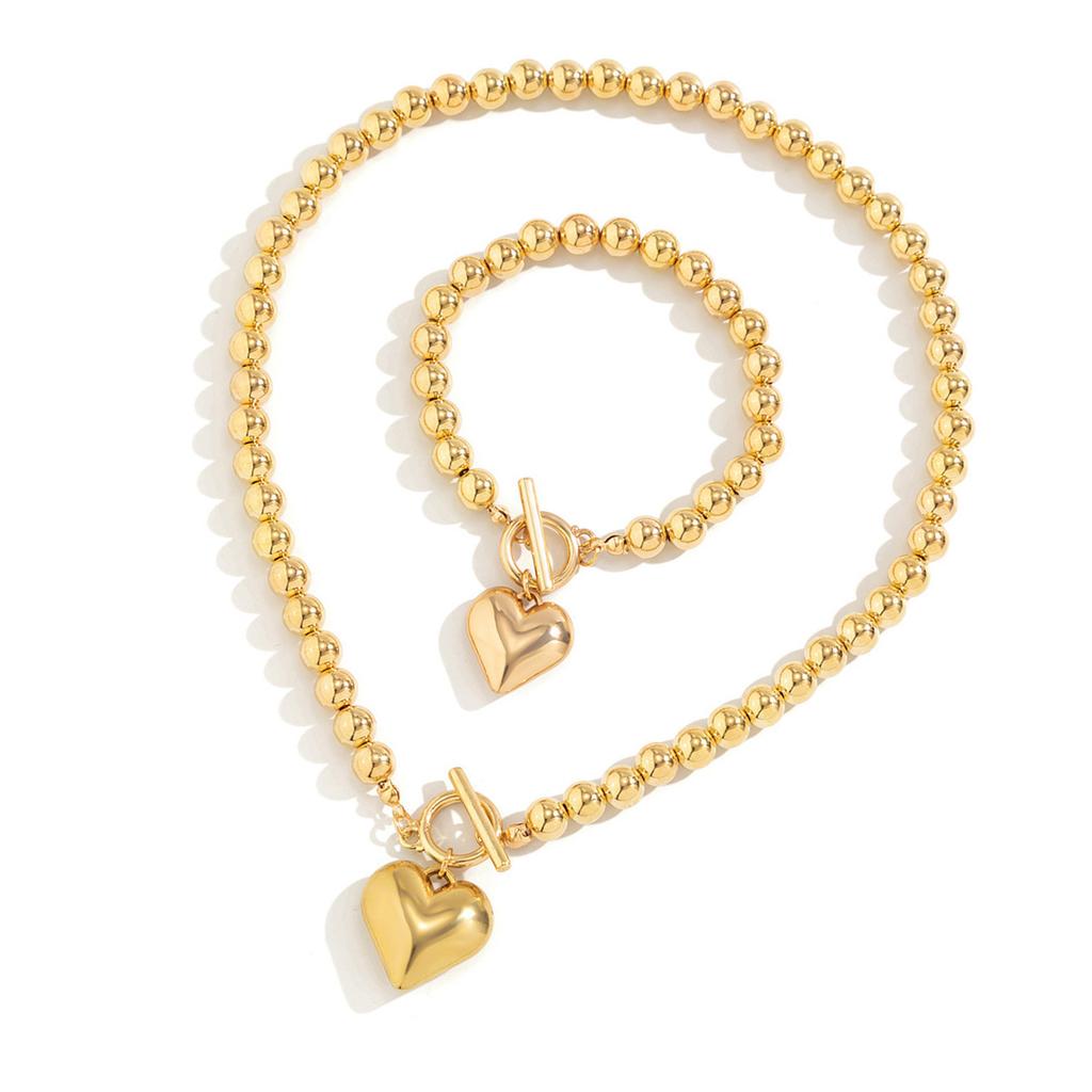 Simple Gold Color Ball Bead Chain Necklace Bracelet Heart Pendant Jewelry Set Elegant Beaded Accessory for Women