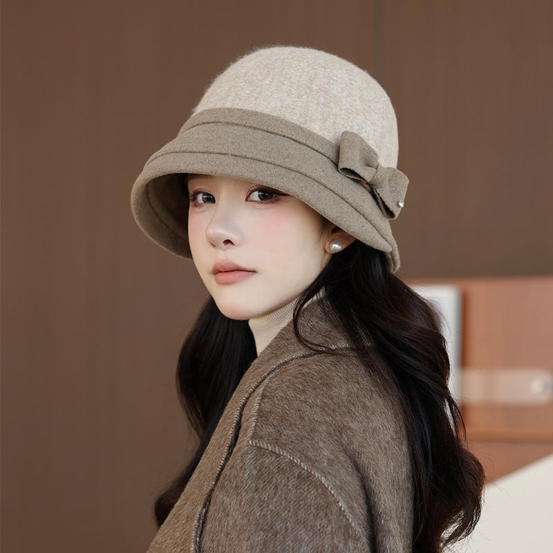 New Woolen Top Hat Bucket Hat Women's Retro Bow Fisherman Hat Autumn and Winter Elegant Basin Hat