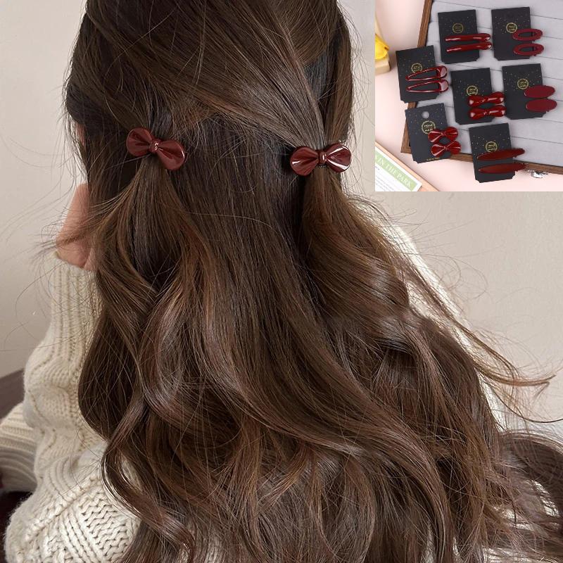 1Pairs New Year Festival Atmosphere Head Clip Wine Red Bow Bang Clip Duckbill Clip Sweet Retro High Quality Hair Accessories