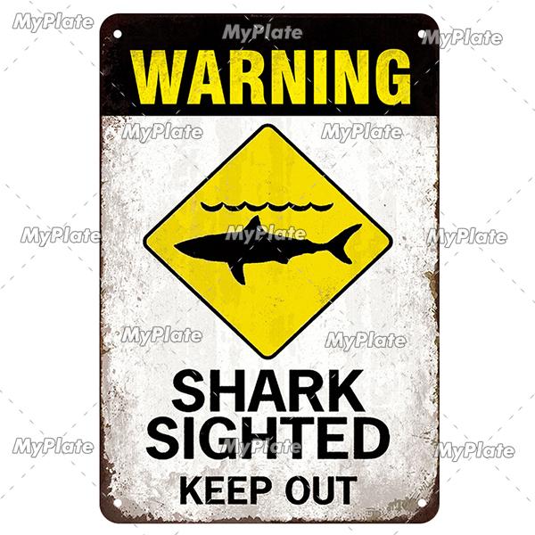 [MyPlate] Vintage Varning Haj Hav Strand Poster Metallskylt Plåt Zinkskylt Vägg Hantverk Dekor För Hem Plakett