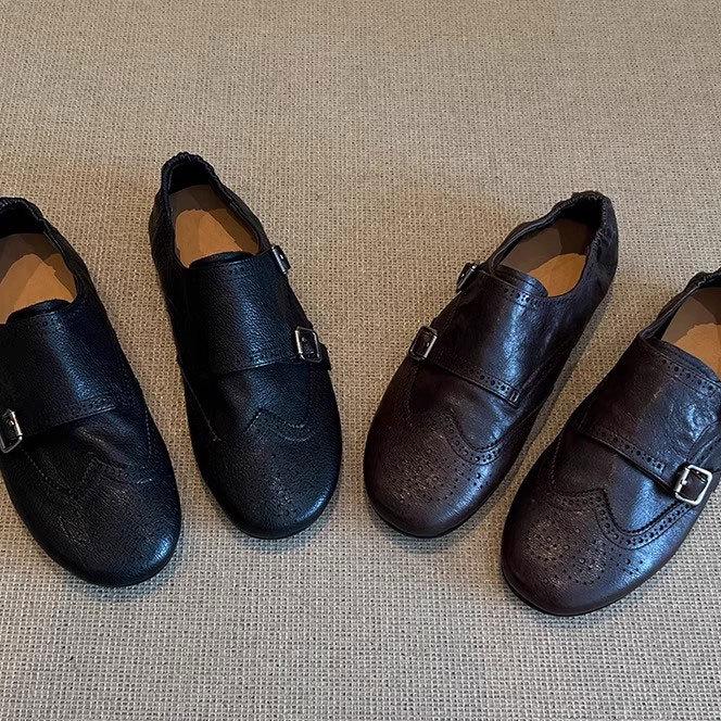 In Stock: Retro British Style Women's Genuine Leather Brogues – Carved Belt Buckle Loafers