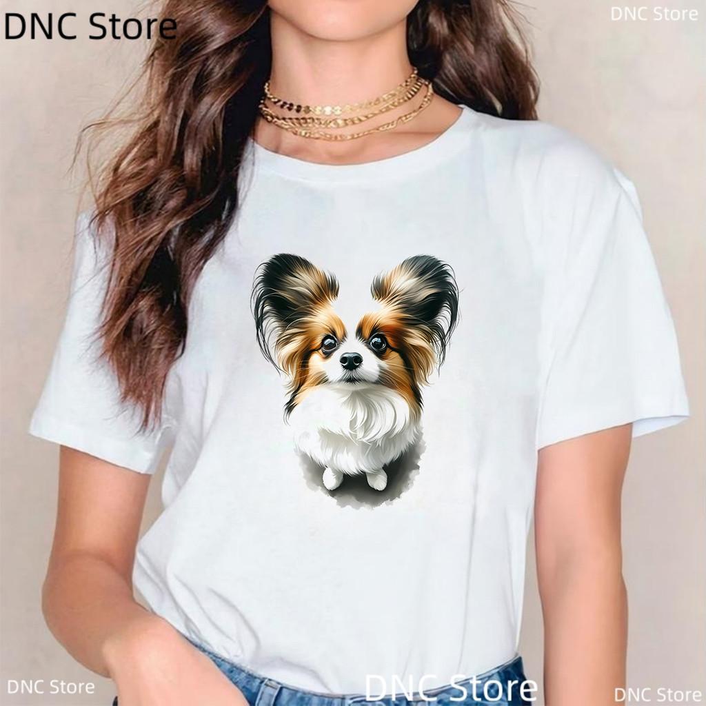 Women'S T-Shirt Funny Papillon Dog Print T-Shirt Animal Lover Tshirt Harajuku Style Summer Fashion Female T-Shirt Casual Shirt
