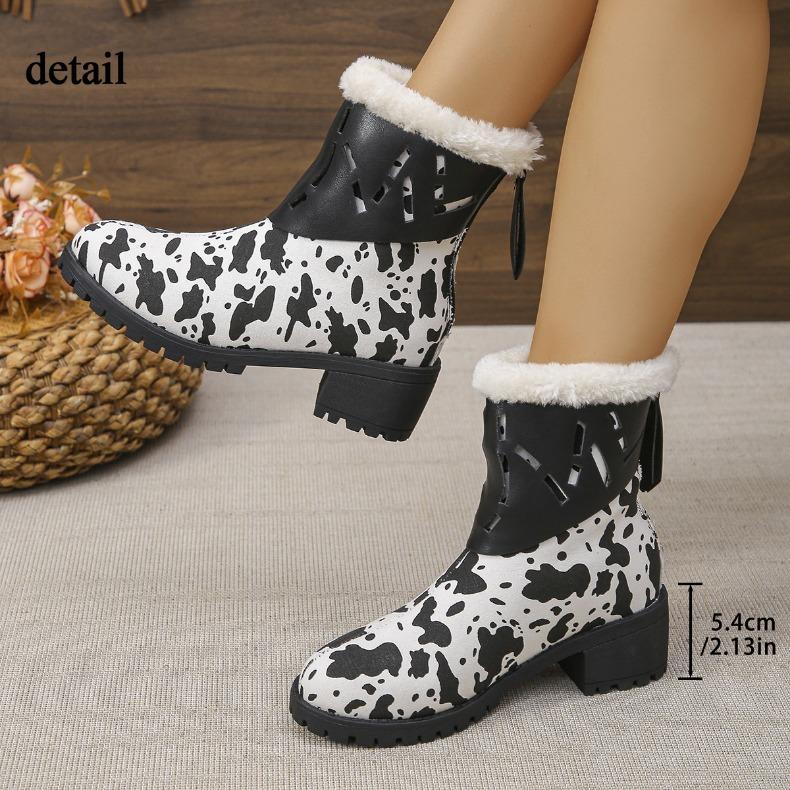 Women's Winter Warm Chunky Block Heel Snow Boots With Zipper Non-Slip Fleece Lined Ankle Booties Shoes Comfort Faux Fur Lining Walking Boots for Women