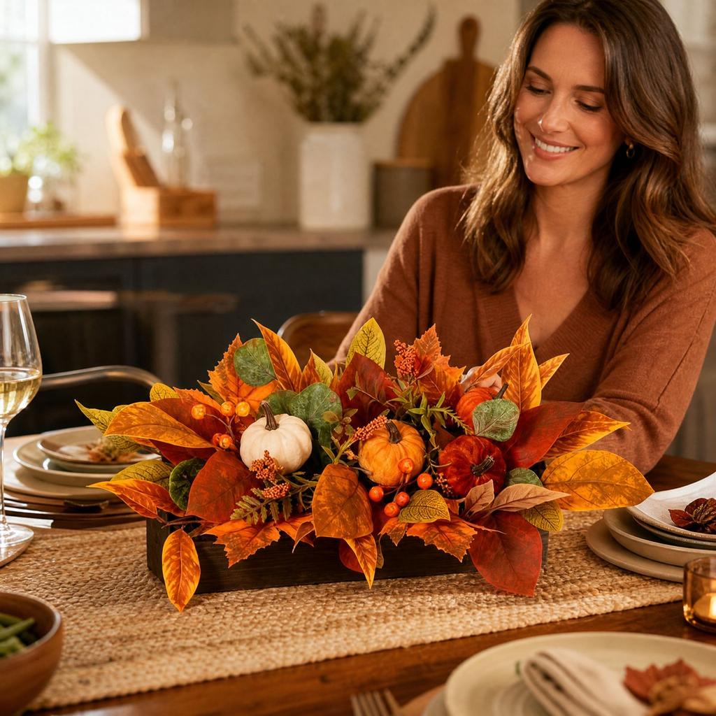 Artificial Potted Plant with Pumpkin and Maple Leaves for Thanksgiving Home Decor