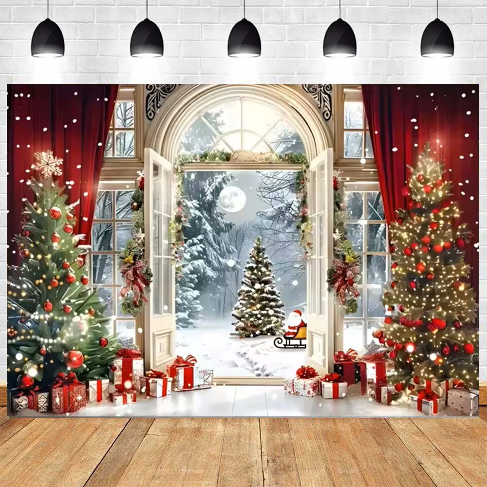 Christmas Backdrop Winter Window Xmas Tree Fireplace Gifts Family Kids Party Christmas Eve Decoration Photography Backgrounds