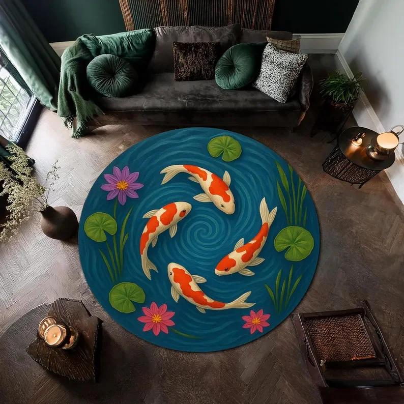 Koi Fish Round Rug Japanese Style Flannel Area Carpet with Water Waves Koi Fish Japanese Rug Mat Koi Fish Home Decor Fish Gift