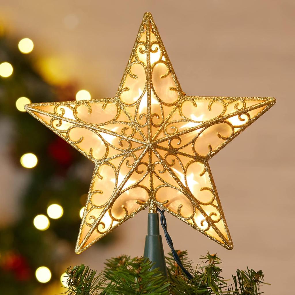 Christmas Star Tree Topper, Plug in Sliver Glittered 3D Star Tree Topper, Metal Hollow Designed Built-in 10 Bulbs String Lights for Indoor Office