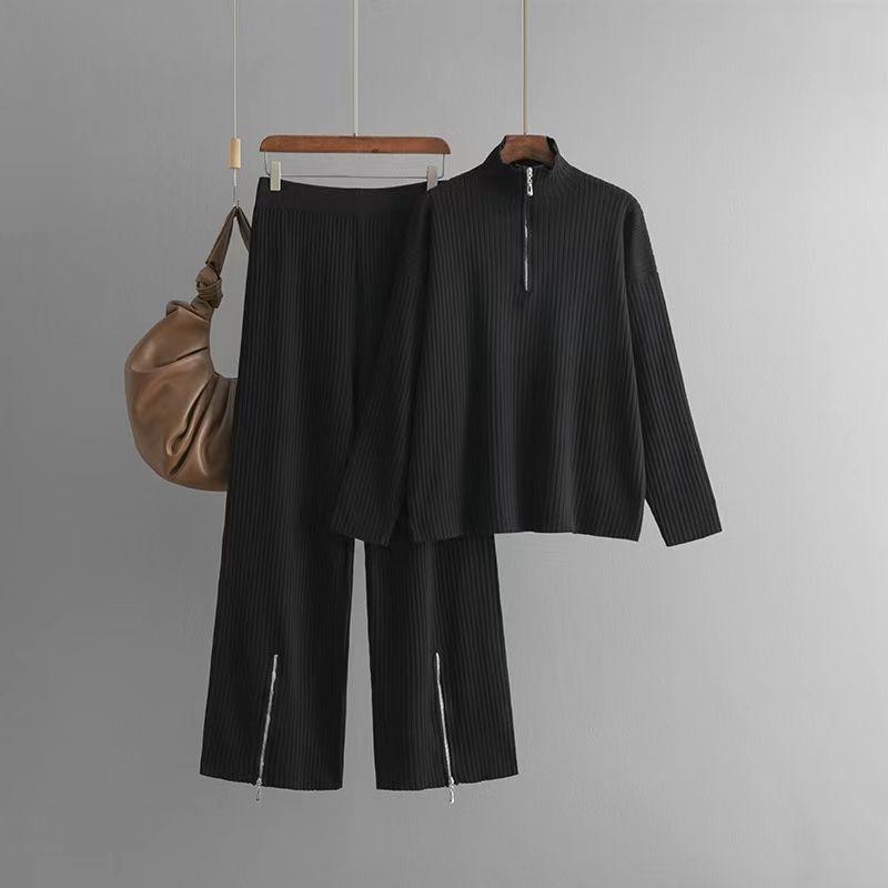 Fashion Wind Knitting Turtleneck Zipper Sweater Pants Suit Knitted Sweater and Pants Set