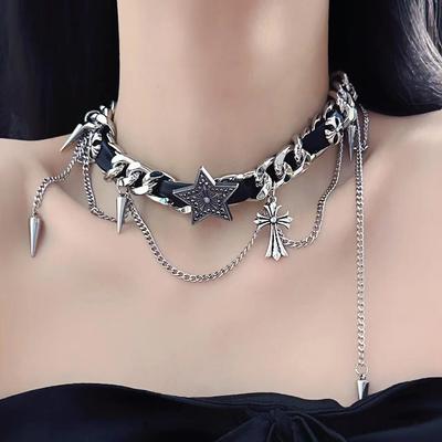 GemChic Women's Necklace Personalized Leather Metal Riveted Cross Star Collarbone Necklace Cool Hottie Chain Birthday Christmas Jewelry Gift