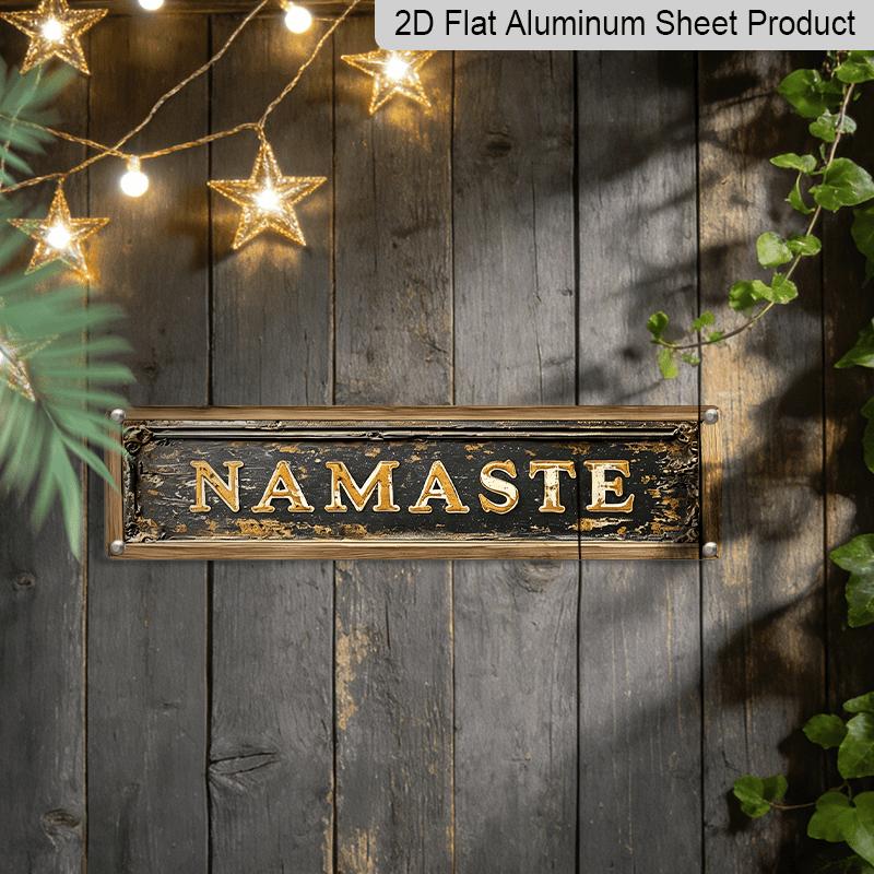 2D Flat, 1pc Indian Greetings "Namaste" Aluminium Decorative Sign - 15.7×3.94inch, Rustic Golden Lettering On Weathered Aluminium, Perfect for Home