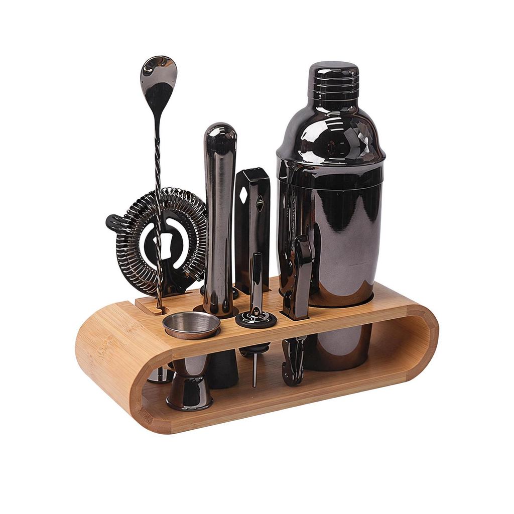 Bartender Barware Set: Wooden Cocktail Tools with Bamboo Storage Base and Stainless Steel Shaker