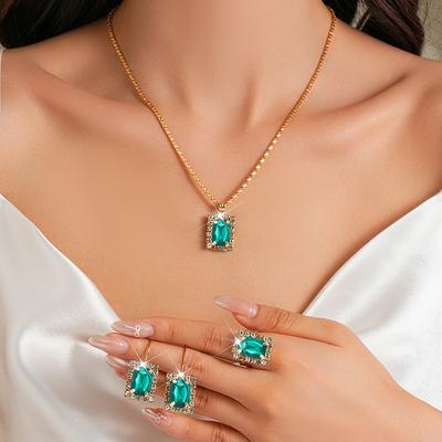 Ensemble 4 Pièces Femmes Mode Tempérament Circulaire Cristal Vert Collier Bracelet Boucle d'Oreille Bague Combinaison Polyvalent Exquis