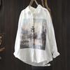 Primavera Otoño Top Blanco Camisas de Hilo de Algodón de Doble Capa Mujer Cuello de Solapa Manga Larga Blusas Estampadas