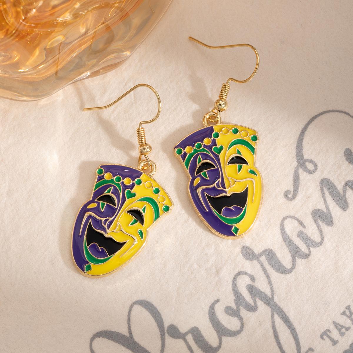 Carnival Mask Earrings, Creative Cartoon Smiley Face Drama Mask Ear Hook Oil Drip Clown Earrings